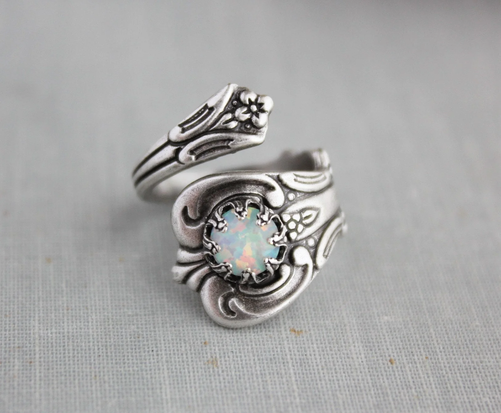 S925 STERLING SILVER WHITE OPAL SPOON RING - Image 5