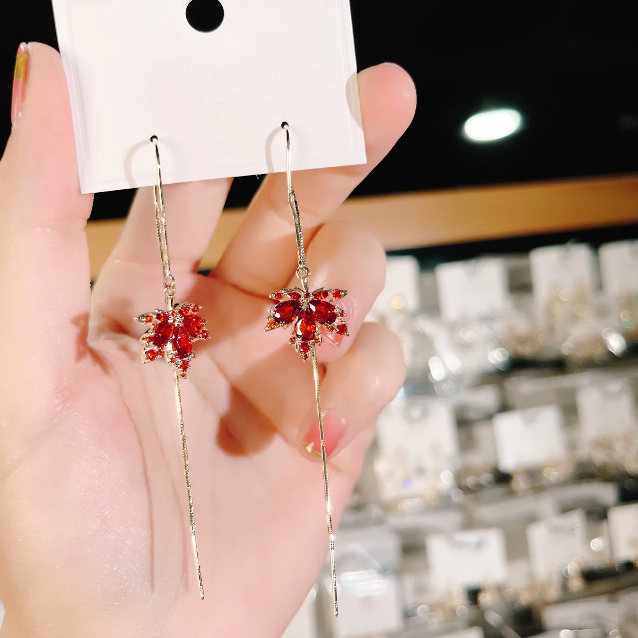 Shiny Crystal Maple Tassel Earrings - Image 4