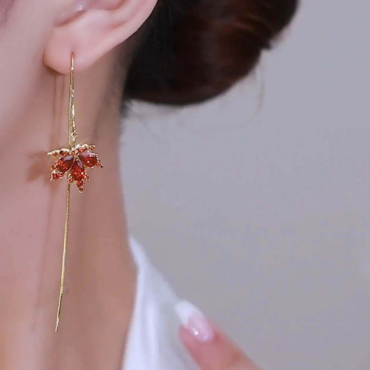 Shiny Crystal Maple Tassel Earrings - Image 5