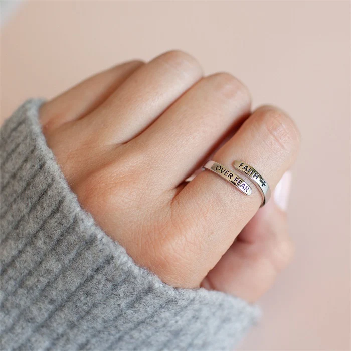 "FAITH OVER FEAR" Sterling Silver Cross Ring - Image 2