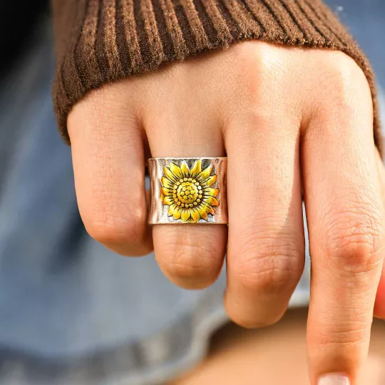 To My Best Friend Golden Sunflower Wide Band Ring - Image 4