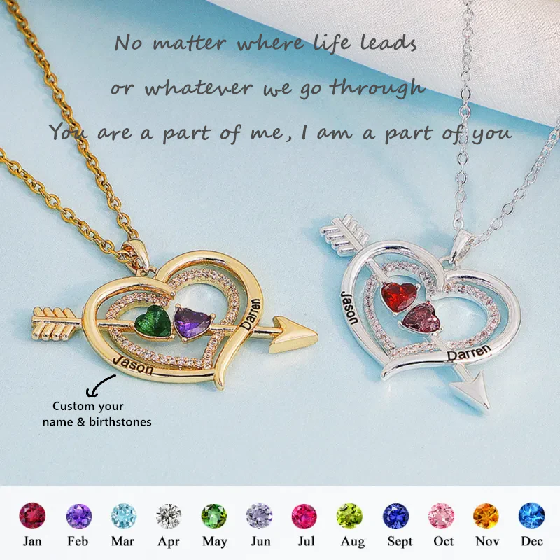 For Love - Custom Name & Birthstones Cupid Arrow Heart Necklace - Image 2