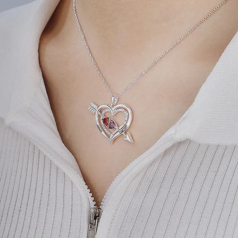 For Love - Custom Name & Birthstones Cupid Arrow Heart Necklace - Image 3