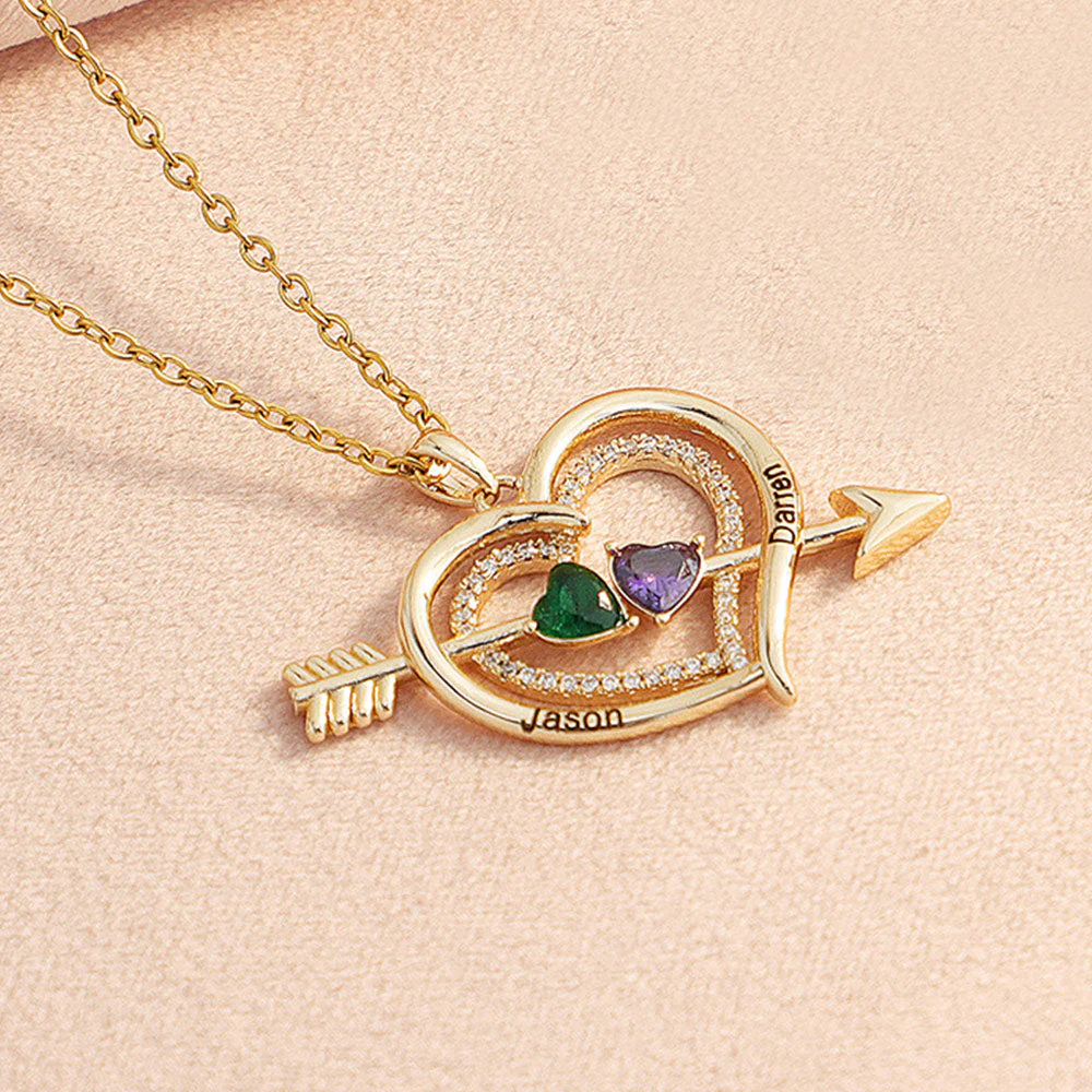 For Love - Custom Name & Birthstones Cupid Arrow Heart Necklace - Image 4