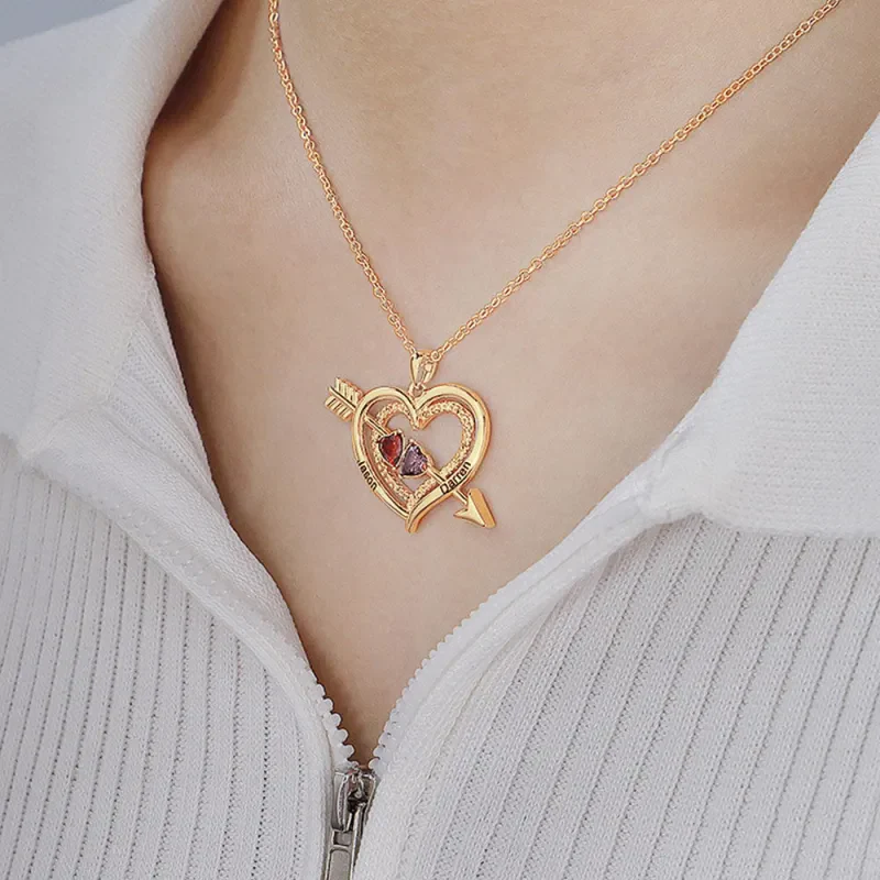 For Love - Custom Name & Birthstones Cupid Arrow Heart Necklace - Image 7