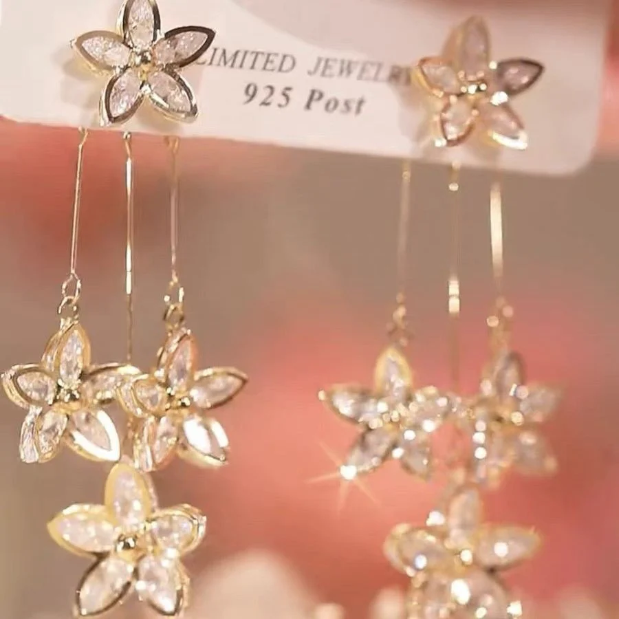 Zircon Tassel Floral Earrings - Image 3